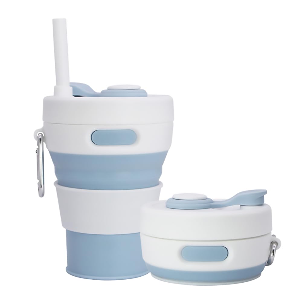 Collapsible Camping Cup with Straw Silicone Folding Coffee Cup Sport Bottle Portable Travel Outdoor Car 16oz 20oz (Grey)