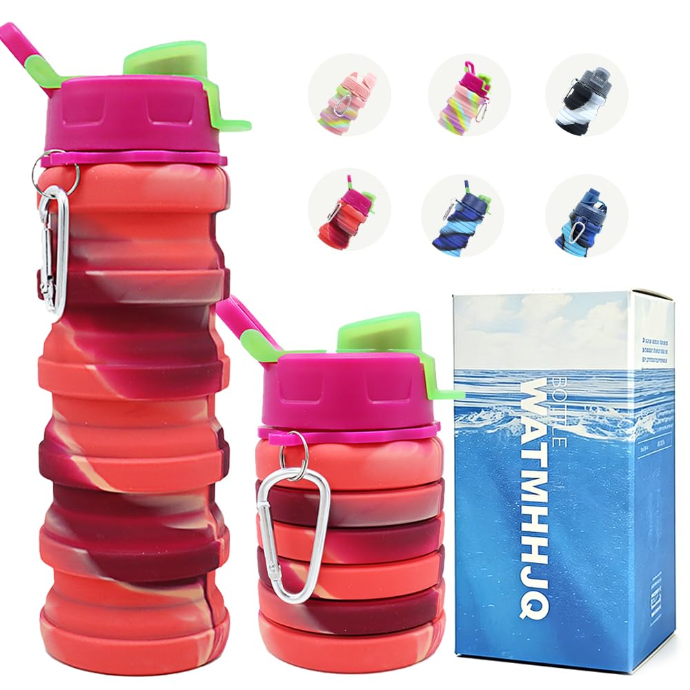 Silicone Collapsible Water Bottles, 16oz 500ml Portable Foldable Expandable Water Bottle Sports Cups, Leak Proof Reusable BPA Free, for Outdoor Activities Travel(Pink-B)