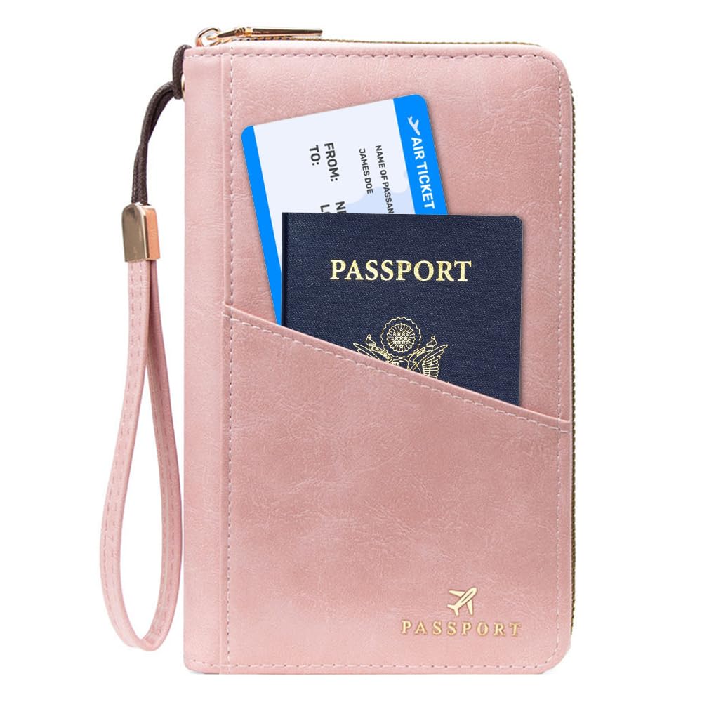 Family Passport Holder for Travel Women and Men RFID Passport Holder with Zipper Passport Case Passport cover Passport Wallet Travel Essentials and Accessories(1-2,Pink)