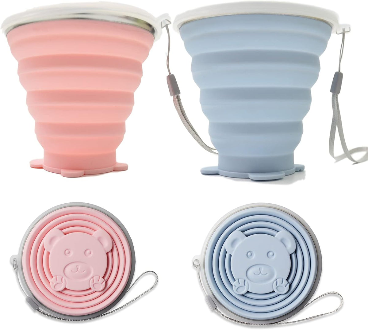 Collapsible Silicone Travel Cup, 2-Pack Reusable Foldable Water Cup with Lid & Lanyard, BPA-Free Food Grade Silicone, Portable Pocket Size Mug for Camping Hiking Travel Outdoor Use, 320ml Pink & Blue