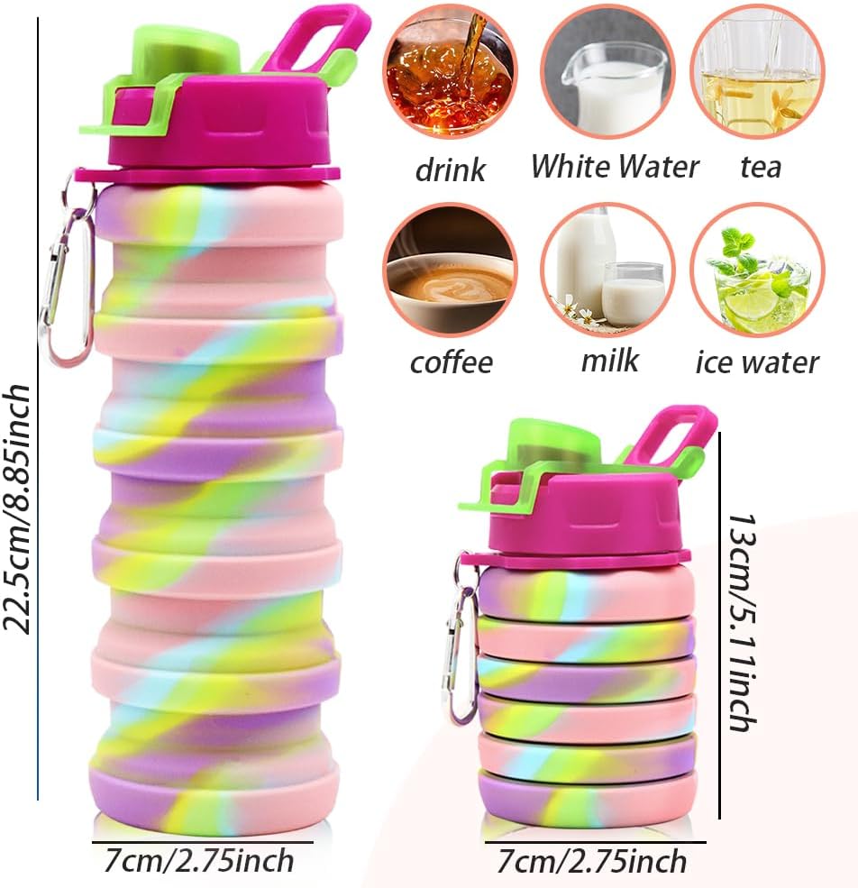 Silicone Collapsible Water Bottles, 16oz 500ml Portable Foldable Expandable Water Bottle Sports Cups, Leak Proof Reusable BPA Free, for Outdoor Activities Travel(Pink-B)