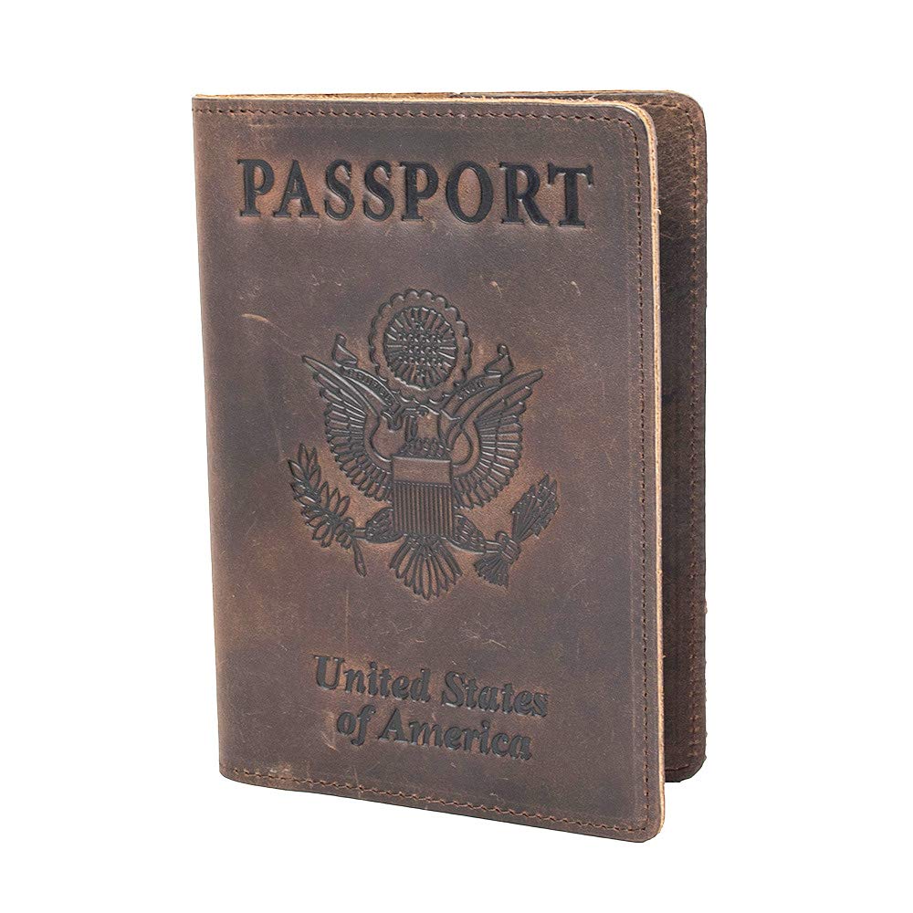 RFID Blocking Passport Holder Travel Wallet - Genuine Crazy Horse Leather for Men(Coffee)