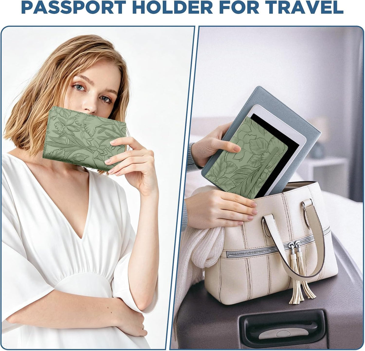 Passport Holder for Travel Essentials,Cute Embossed Floral Pattern RFID Blocking Leather Passport Wallet Cover,Essentials Items for Men and Women's Travel,Green
