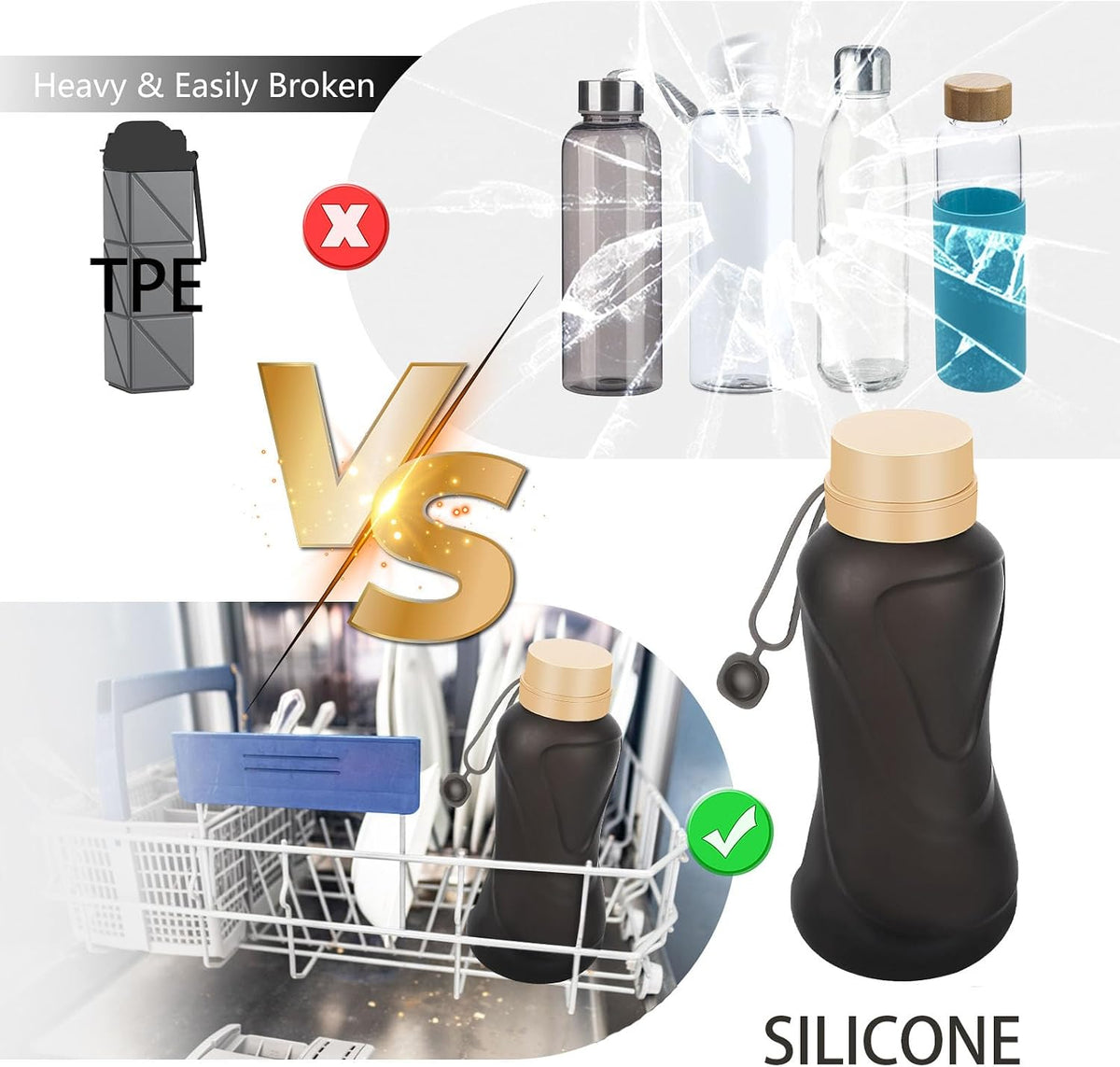 Collapsible Water Bottles,650ml,Leak Proof,Reuseable BPA Free Silicone Foldable Water Bottles,Durable Lightweight for Travel Gym Camping Hiking,Compact Size Portable Sports Water Bottle (Black)