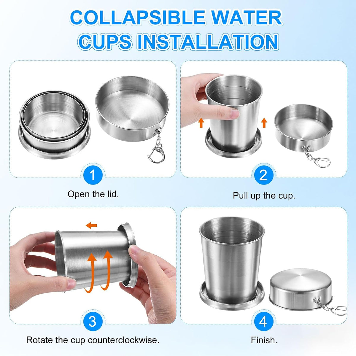 M METERXITY Stainless Steel Collapsible Travel Cup, 15oz(450ml) Reusable Collapsible Metal Cup Portable Foldable Water Bottle with Lid and Keychain for Travel/Camping/Hiking
