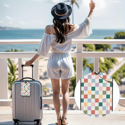 2Pcs Luggage Tags for Suitcases Pastel Multicolor Cute Checkerboard PU Leather Name Tag with Privacy Cover ID Label Address Card with Metal Loop for Men Women Handbags Backpack Gift