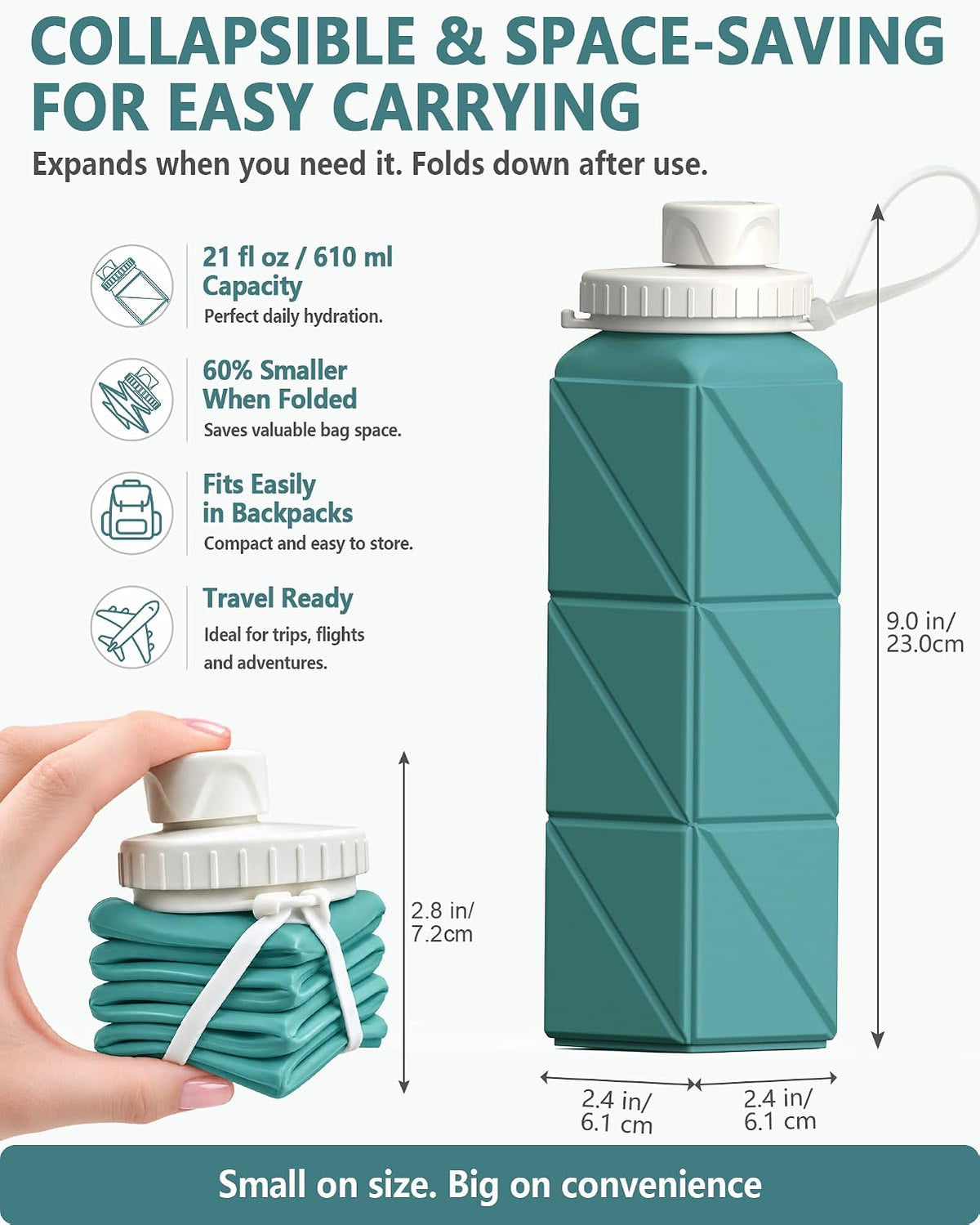Collapsible Water Bottles 2 Pack, 21oz/610mL, Silicone Travel Water Bottle
