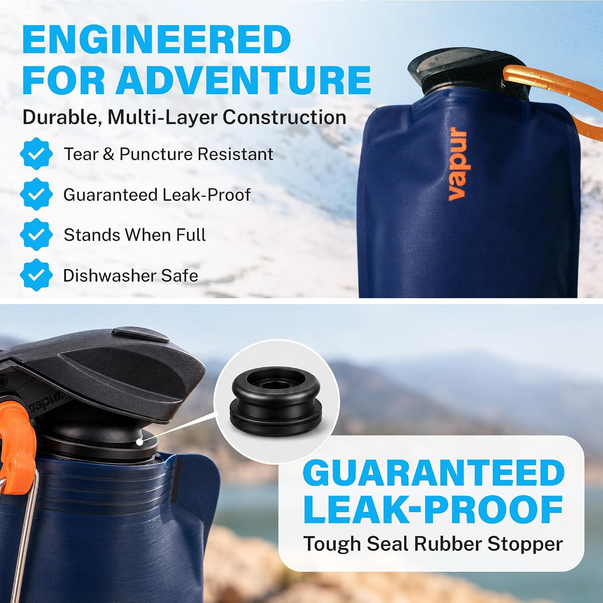 Vapur Collapsible Water Bottle with Carabiner, 34oz (1L), Night Blue