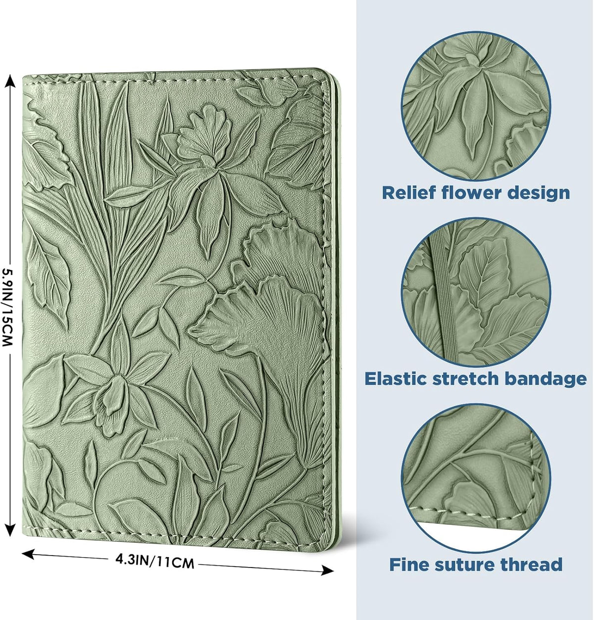 Passport Holder for Travel Essentials,Cute Embossed Floral Pattern RFID Blocking Leather Passport Wallet Cover,Essentials Items for Men and Women's Travel,Green