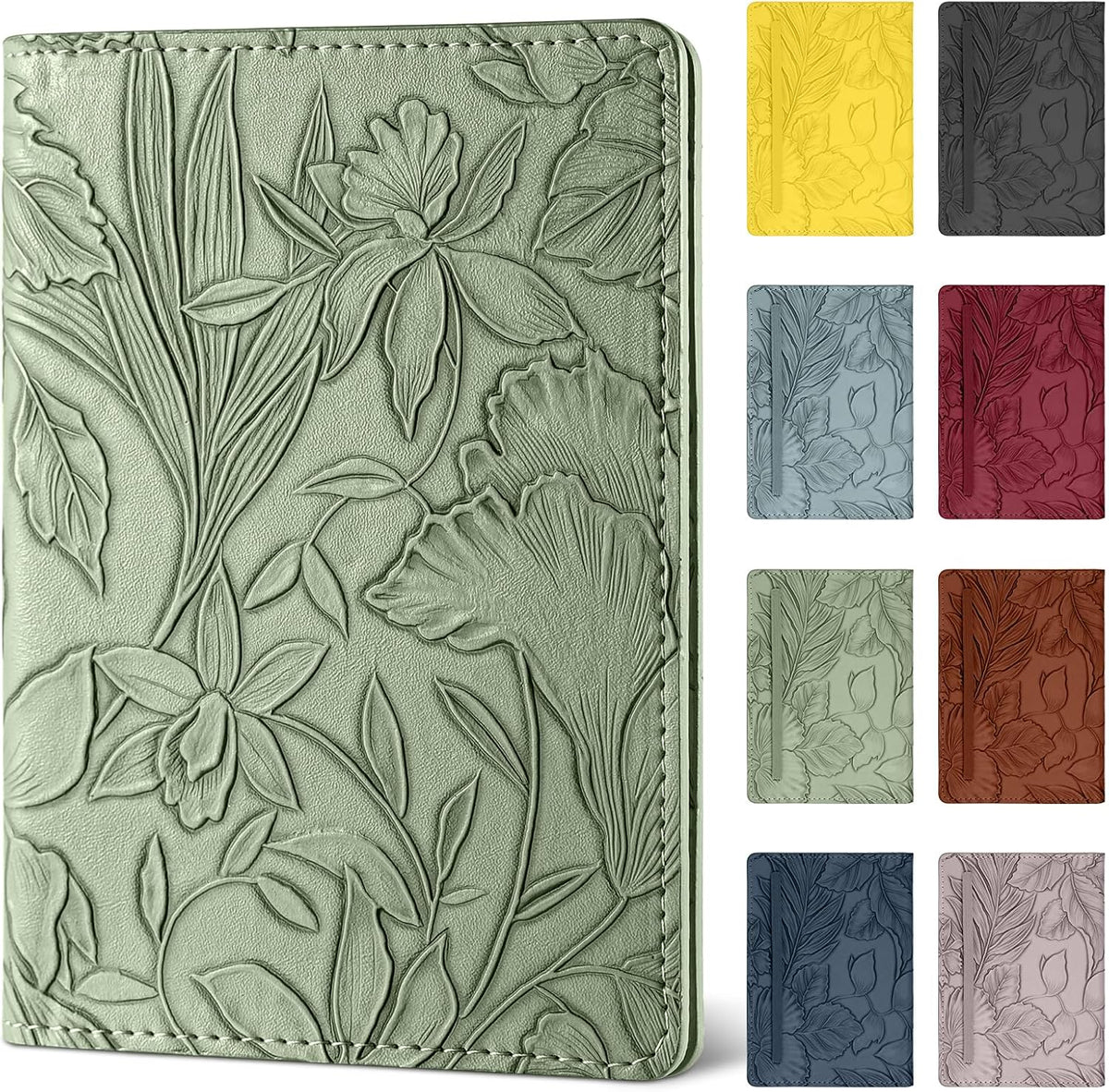 Passport Holder for Travel Essentials,Cute Embossed Floral Pattern RFID Blocking Leather Passport Wallet Cover,Essentials Items for Men and Women's Travel,Green