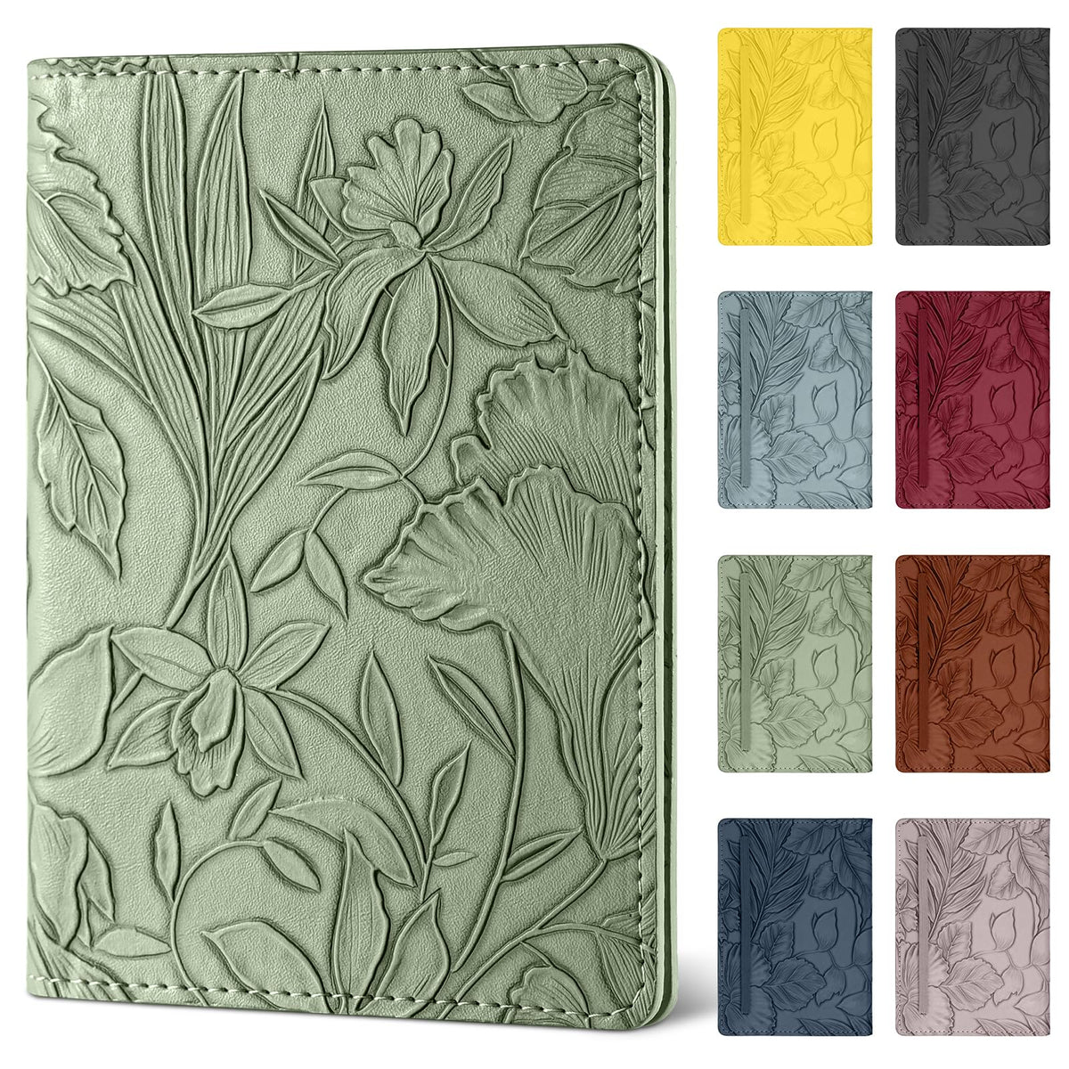 Passport Holder for Travel Essentials,Cute Embossed Floral Pattern RFID Blocking Leather Passport Wallet Cover,Essentials Items for Men and Women's Travel,Green
