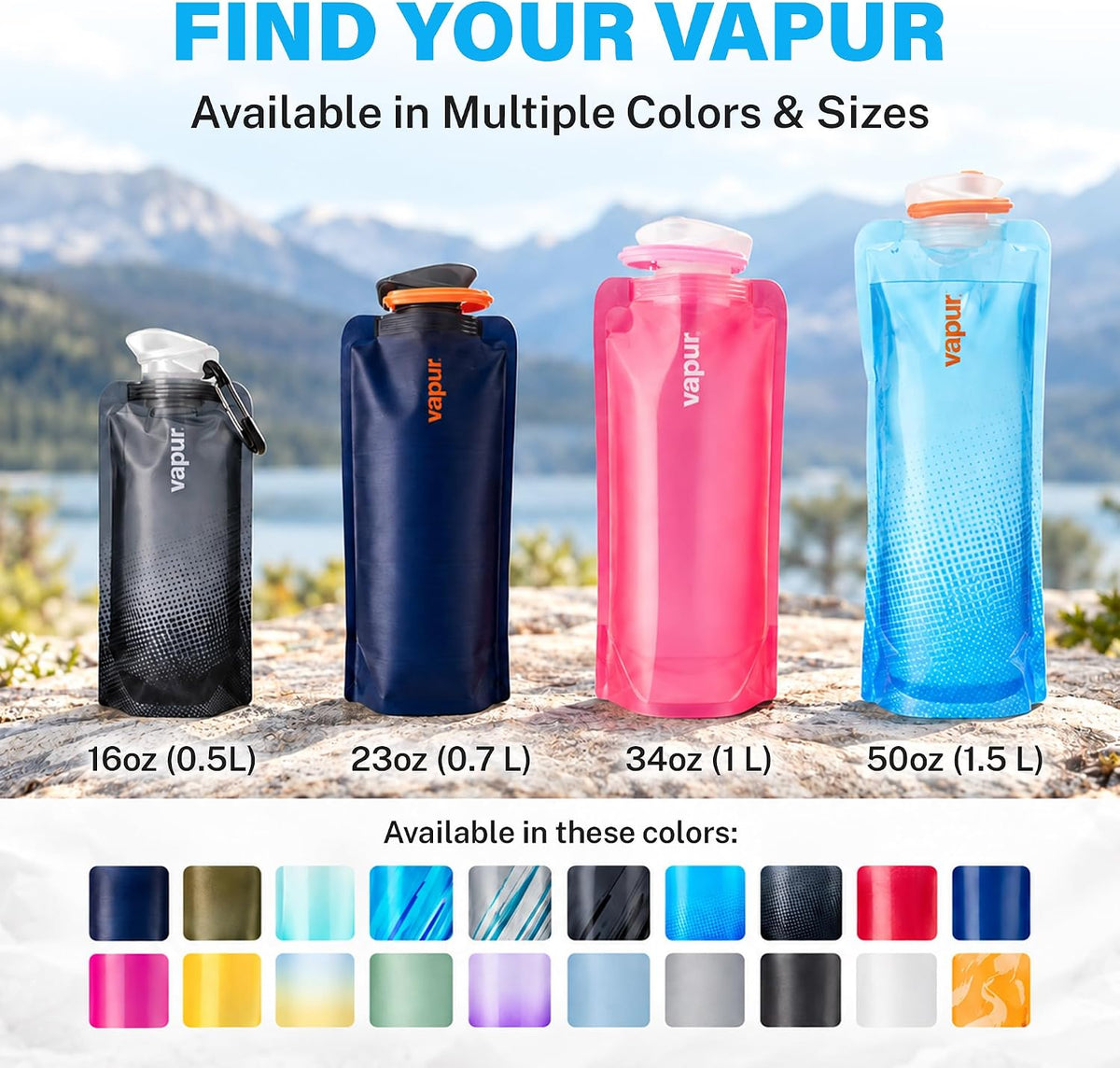 Vapur Collapsible Water Bottle with Carabiner, 34oz (1L), Night Blue