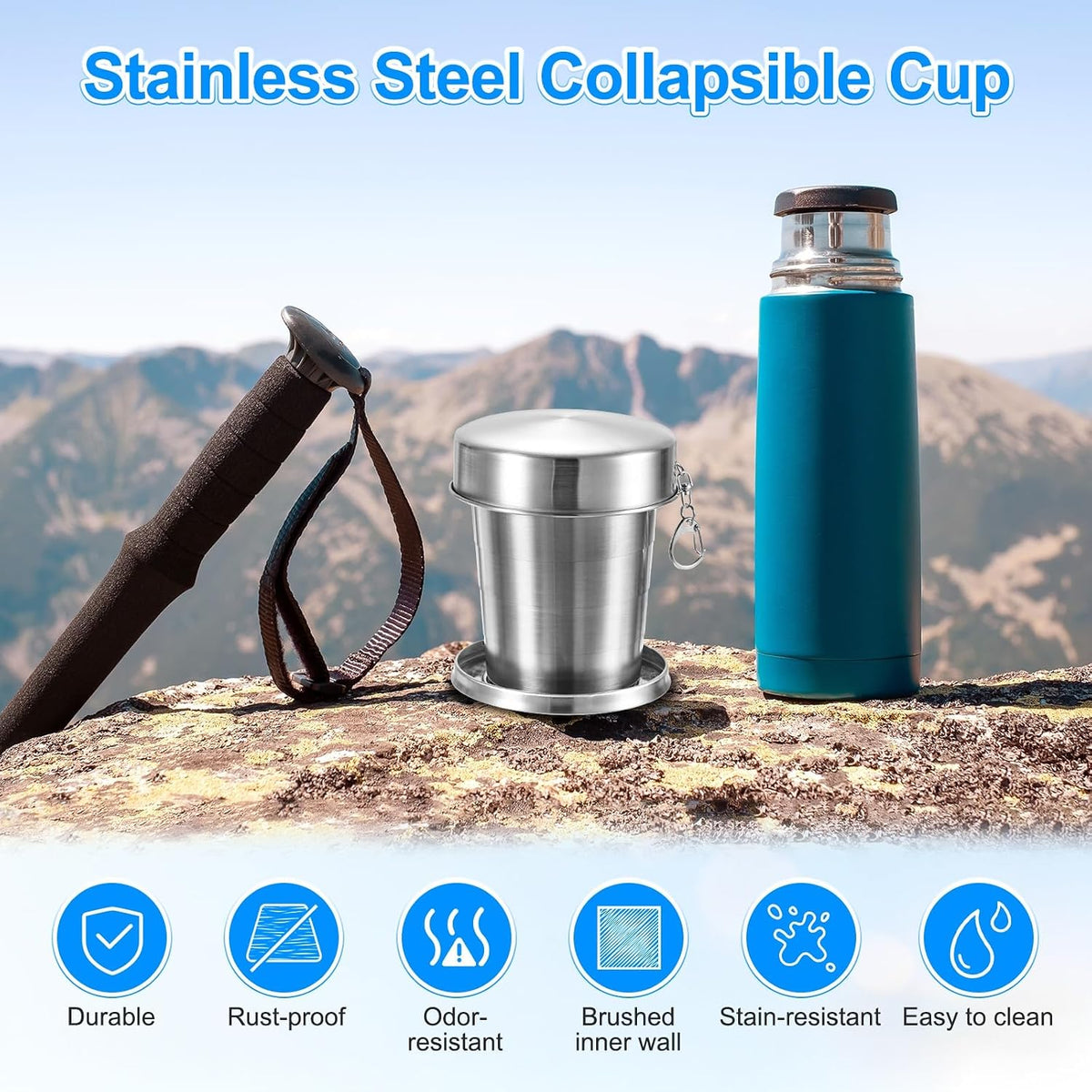 M METERXITY Stainless Steel Collapsible Travel Cup, 15oz(450ml) Reusable Collapsible Metal Cup Portable Foldable Water Bottle with Lid and Keychain for Travel/Camping/Hiking