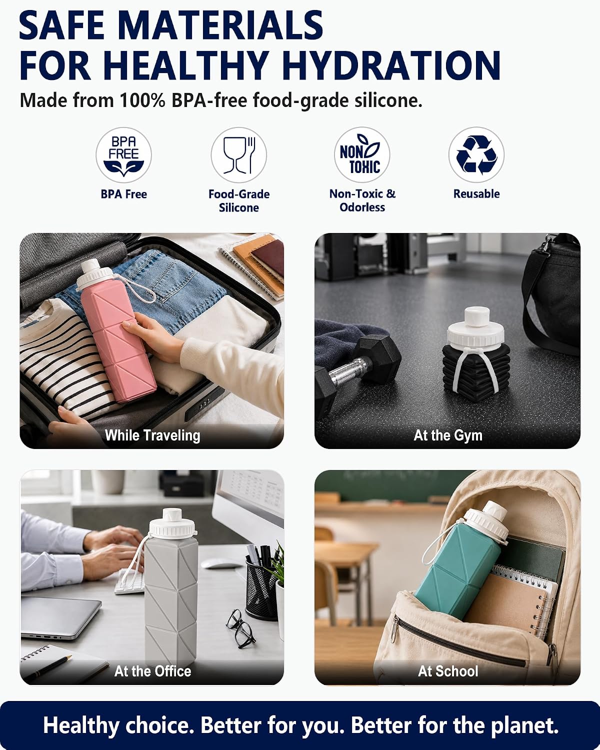 Collapsible Water Bottles 2 Pack, 21oz/610mL, Silicone Travel Water Bottle