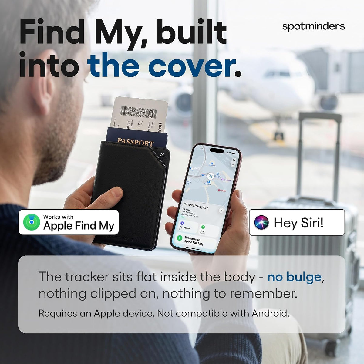 Apple MFi Certified Trackable Passport Holder for Travel (iOS Only) Works with Apple Find My, Rechargeable Passport Cover Air 3-Year Battery Life, Black RFID Blocking Travel Wallet Gift