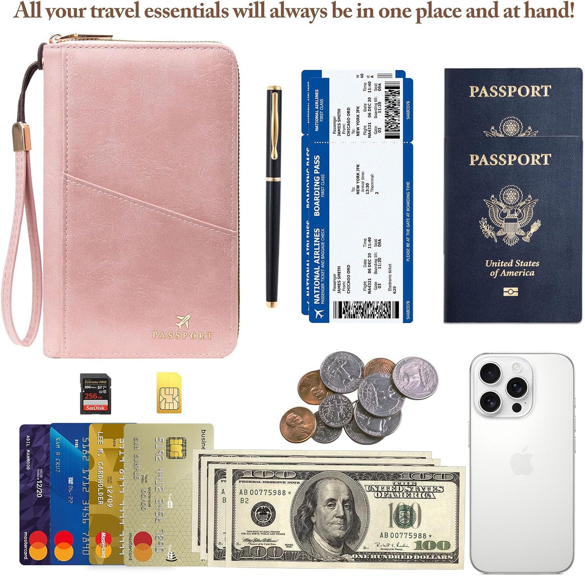 Family Passport Holder for Travel Women and Men RFID Passport Holder with Zipper Passport Case Passport cover Passport Wallet Travel Essentials and Accessories(1-2,Pink)