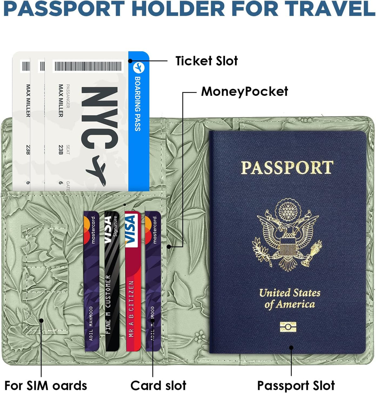 Passport Holder for Travel Essentials,Cute Embossed Floral Pattern RFID Blocking Leather Passport Wallet Cover,Essentials Items for Men and Women's Travel,Green