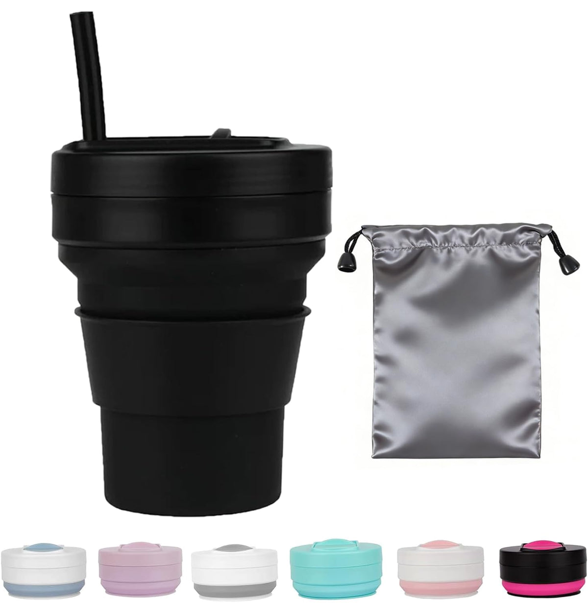 12 Oz Silicone Collapsible Travel Cup with Bag,Portable Silicone Water Bottle for Hot and Cold Beverages, Reusable Folding Drinking Cup with Lids 350ml for Outdoor Camp Hiking Travel with Straw -Black