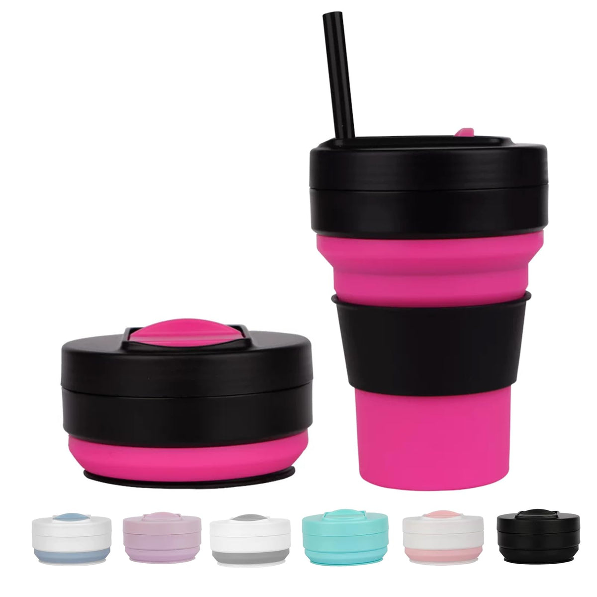 12 Oz Silicone Collapsible Travel Cup with Bag,Portable Silicone Water Bottle for Hot and Cold Beverages, Reusable Folding Drinking Cup with Lids 350ml for Outdoor Camp Hiking Travel with Straw -Black