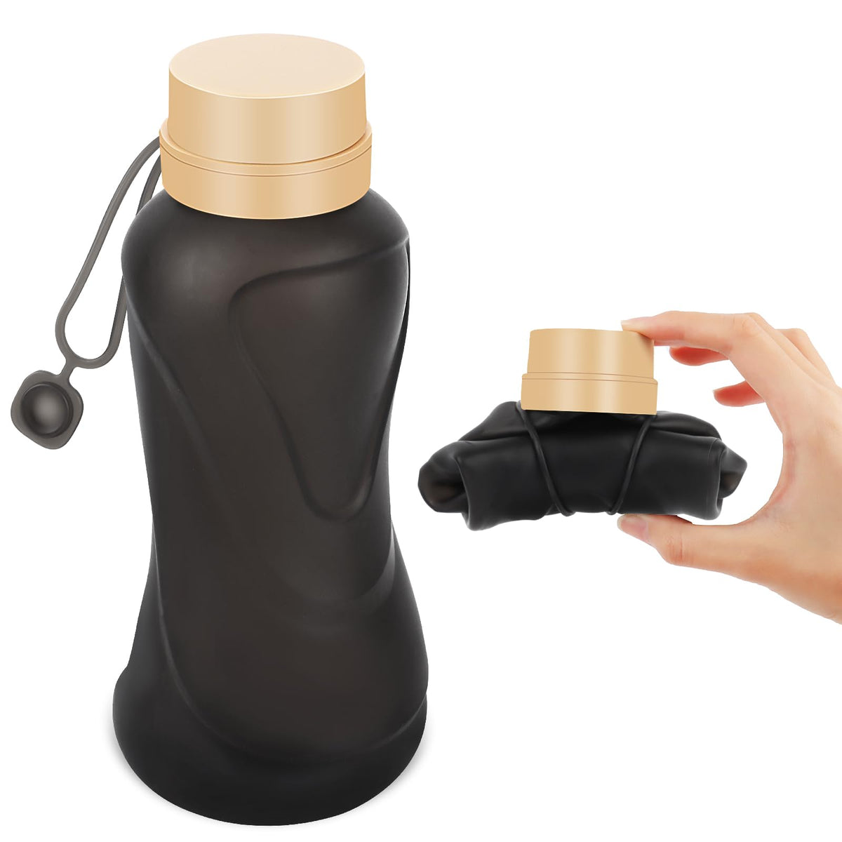 Collapsible Water Bottles,650ml,Leak Proof,Reuseable BPA Free Silicone Foldable Water Bottles,Durable Lightweight for Travel Gym Camping Hiking,Compact Size Portable Sports Water Bottle (Black)
