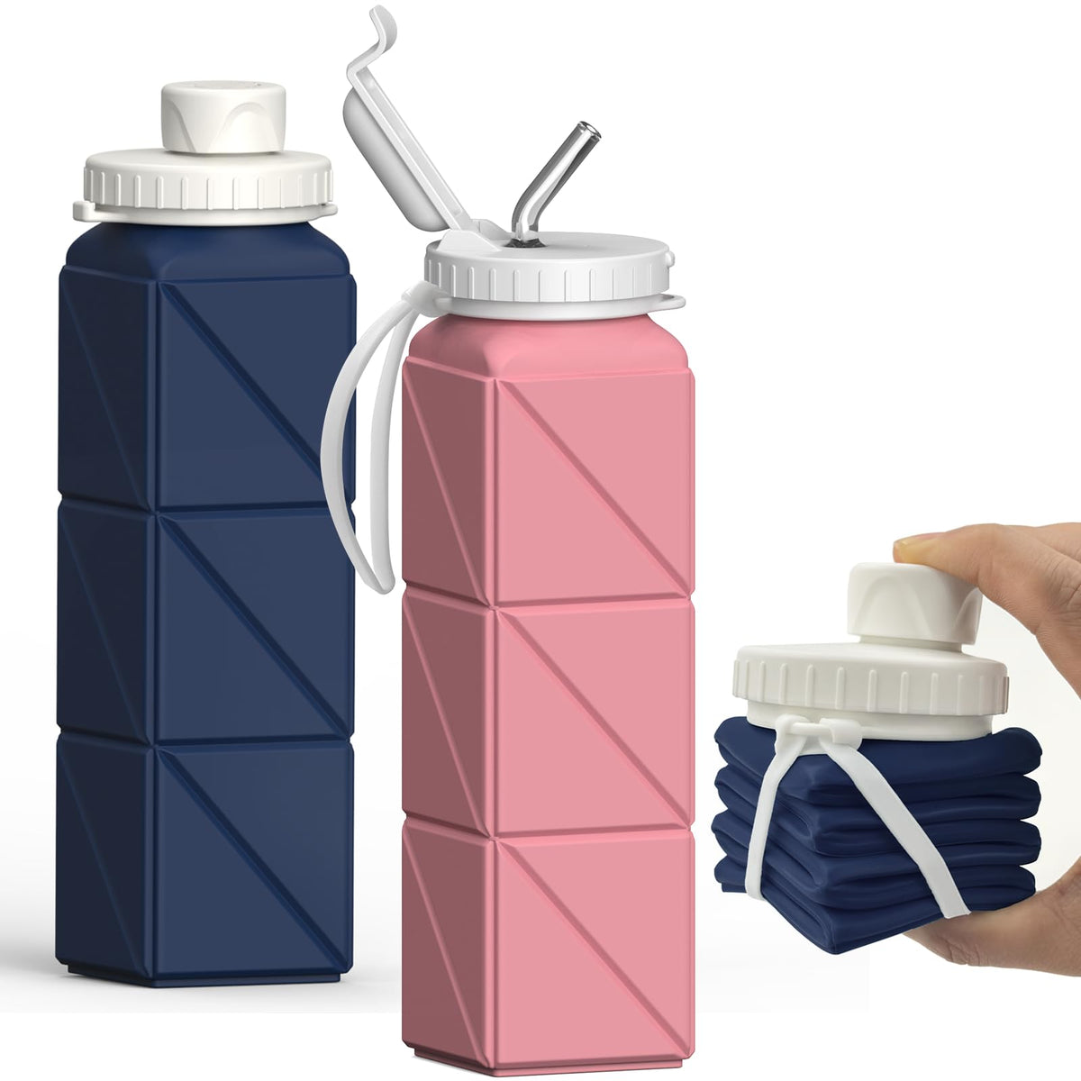 Collapsible Water Bottles 2 Pack, 21oz/610mL, Silicone Travel Water Bottle
