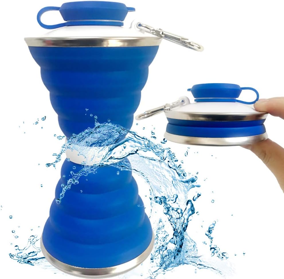 Collapsible Water Bottle, Camping Cup With Carabiner, Reuseable Silicone Foldable Leak Proof Portable Sports Travel Water Bottles For Outdoor, Travel Gym Hiking, BPA Free, Cycling Cups with Carabiner
