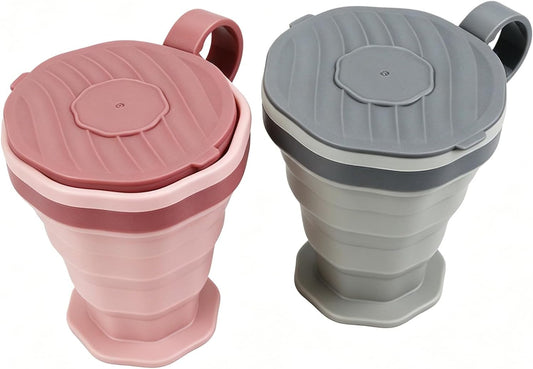 Pack of 2 foldable silicone cups, foldable travel cups with plastic lids, reusable portable cup set suitable for camping and hiking