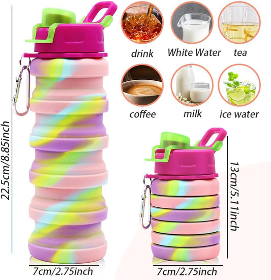 Silicone Collapsible Water Bottles, 16oz 500ml Portable Foldable Expandable Water Bottle Sports Cups, Leak Proof Reusable BPA Free, for Outdoor Activities Travel(Pink-B)
