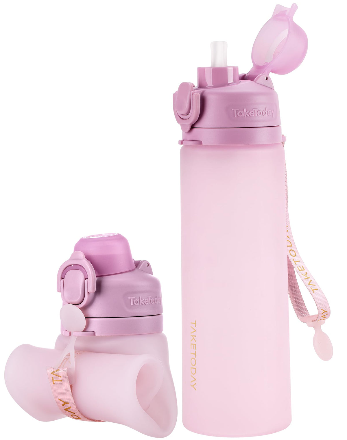TakeToday Collapsible Water Bottles 21oz (600mL), Foldable Platinum Silicone Travel Water Bottle with Straw & Carry Strap, Leak-Resistant Screw Lid, Wide Mouth, BPA-Free for Hiking, Camping, Travel