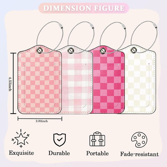 YIXIN 4 Pack Luggage Travel Tags Cute Checkered PU Leather with Privacy Name Address Labels & Durable Steel Loop for Men Women Long Flight Must Haves Travels Gift Airport Essentials