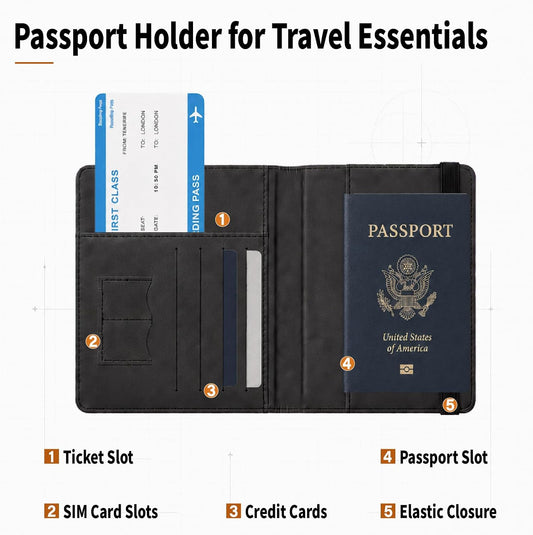 Passport Holder for Travel Essentials RFID Blocking, Passport Wallet Cover Organizer Case for Travel Documents, ID, Credit Cards, Trips Abroad Must Haves Accessories for Women and Men