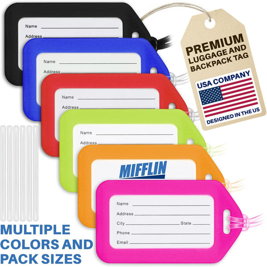 Mifflin-USA Luggage Tags (Assorted, 6 PK), Bag Tag for Baggage, Suitcase Tags Bulk