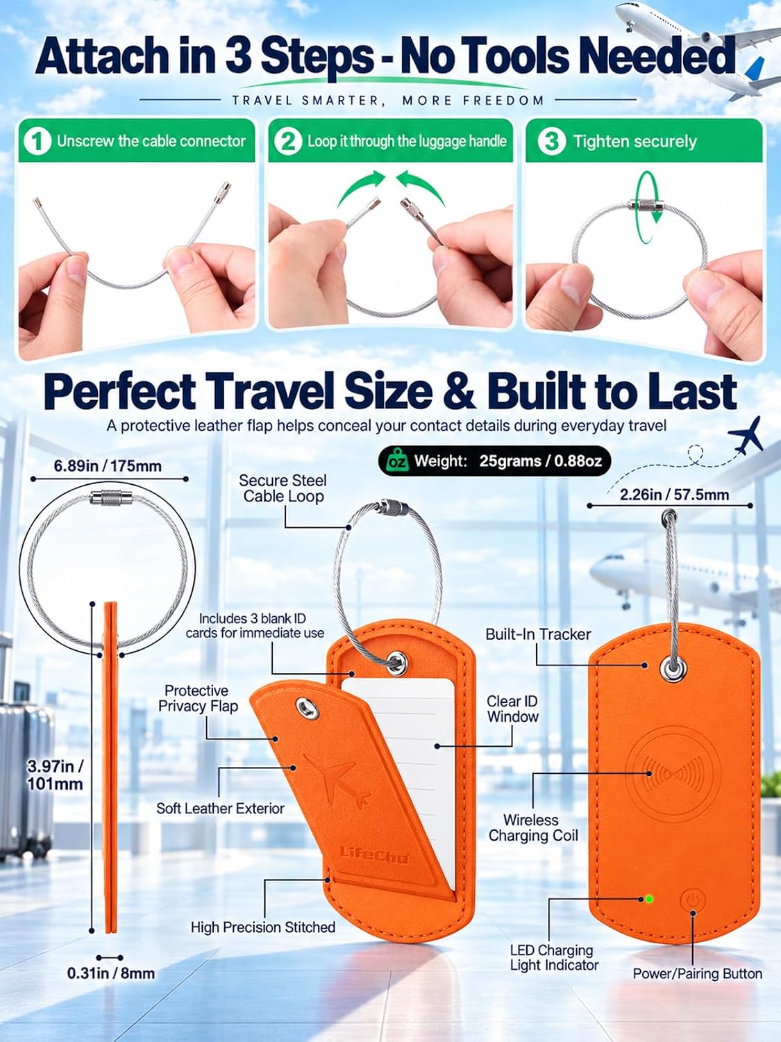 Luggage Tag Built-in Tracker Premium PU Leather Suitcase Tag (Dark Orange)
