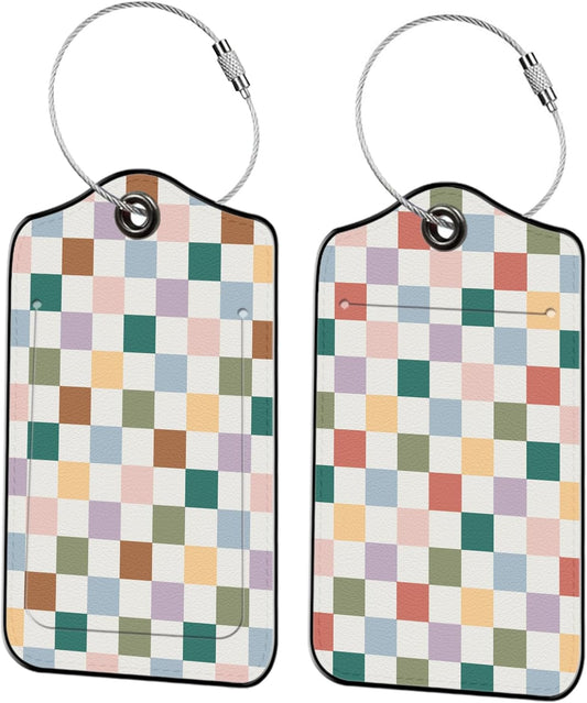 2Pcs Luggage Tags for Suitcases Pastel Multicolor Cute Checkerboard PU Leather Name Tag with Privacy Cover ID Label Address Card with Metal Loop for Men Women Handbags Backpack Gift