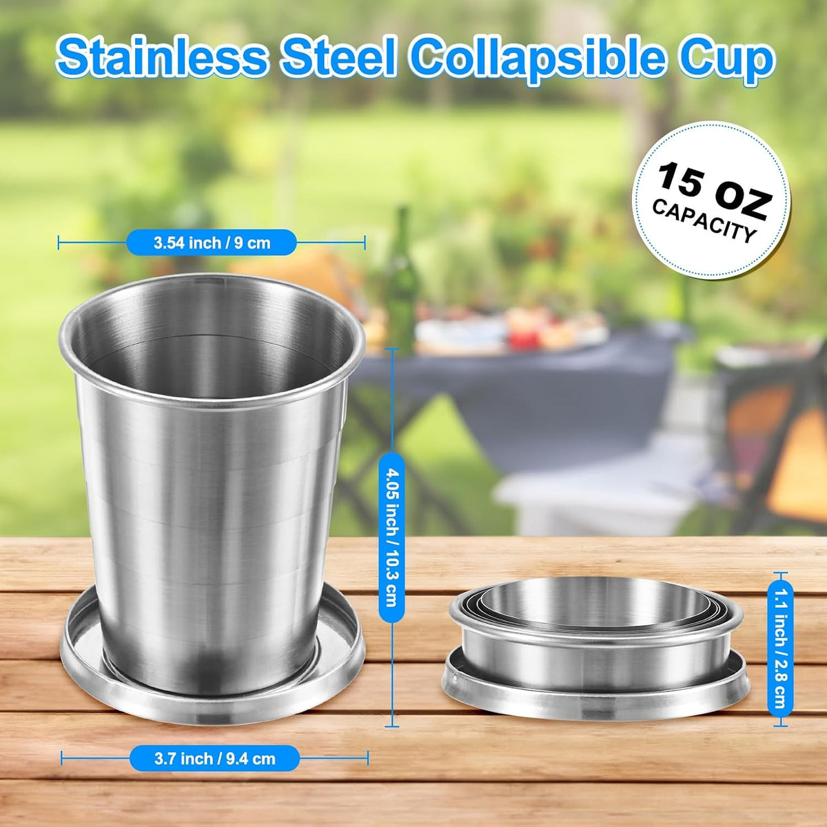 M METERXITY Stainless Steel Collapsible Travel Cup, 15oz(450ml) Reusable Collapsible Metal Cup Portable Foldable Water Bottle with Lid and Keychain for Travel/Camping/Hiking
