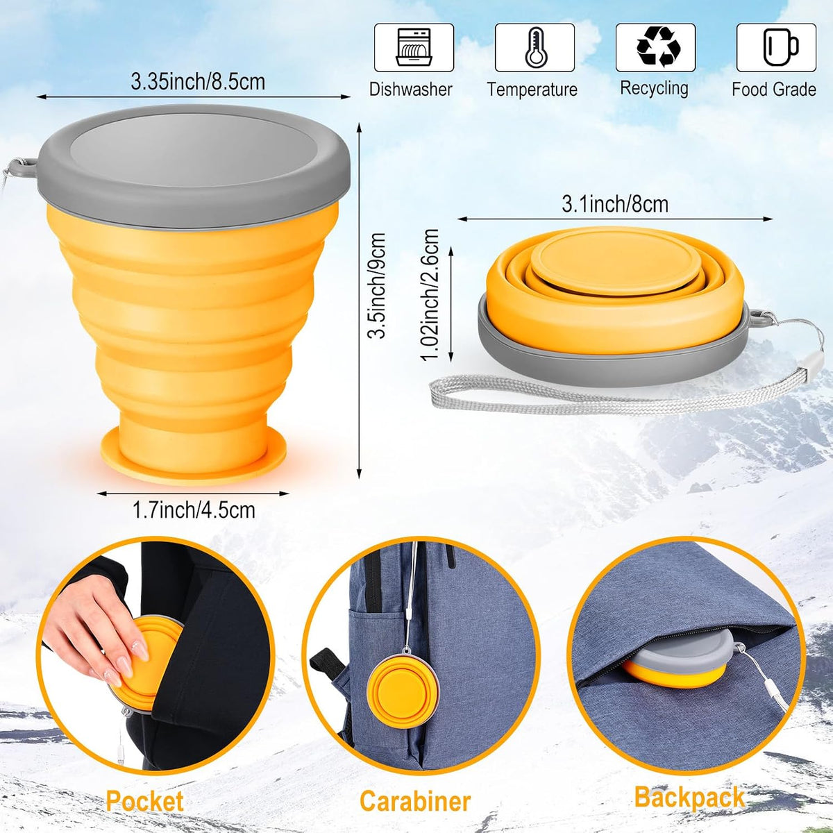 Umigy 9 Pcs 6.8 Oz/ 200 ml Silicone Collapsible Cup with Lid Collapsible Water Bottles Reusable Small Collapsible Travel Cup Portable Drinking Folding Camping Coffee Mugs for Hiking Outdoor Sports