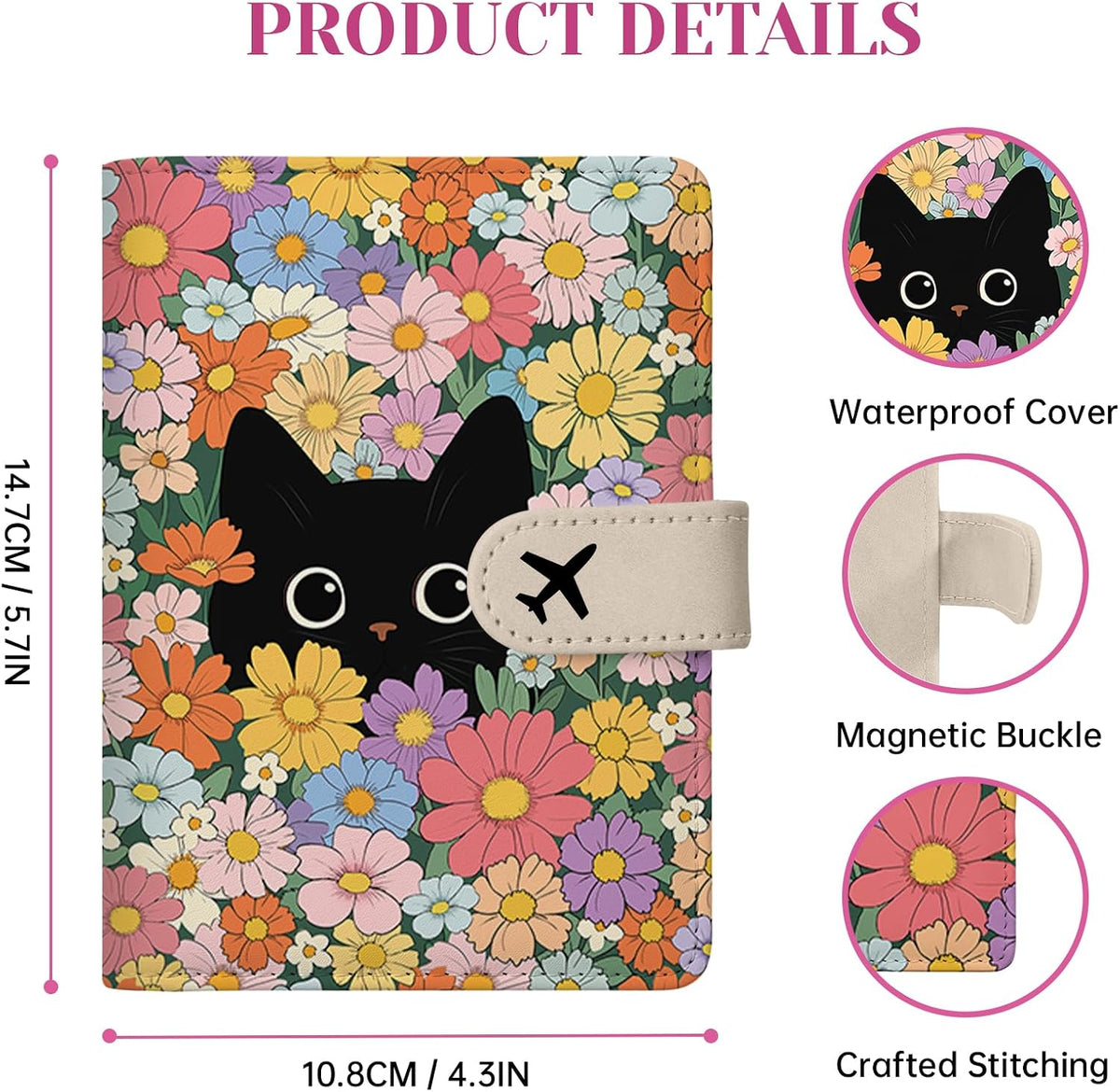 Passport Holder for Travel - Flowers Black Cat Passports Cover Wallet Case for Travel, PU Leather, RFID Passport Holder for Women Men, Passports Book Holders with Magnetic Closure