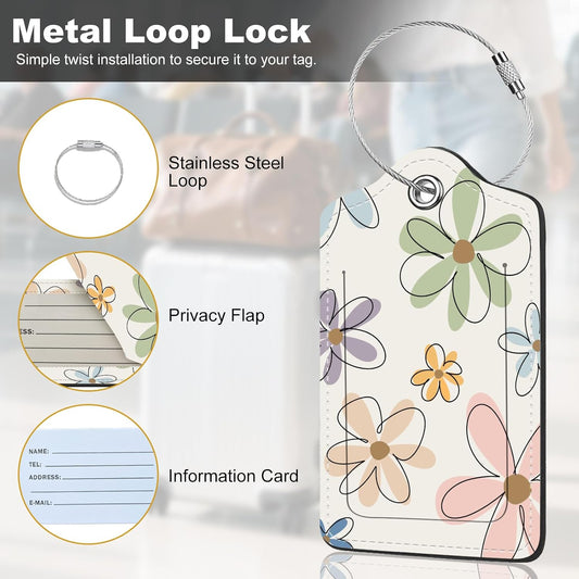 2Pack Luggage Tags for Suitcases, Cute Unique Pu Leather Cruise Luggage Tag with Privacy Cover ID Label Address Card and Metal Ring Suitable for Women Men Kids Travel Bag Linear Flower
