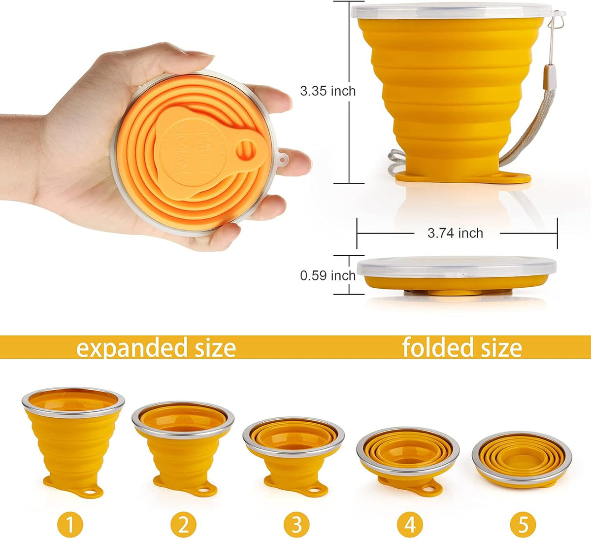 Collapsible Travel Cup with Lid, Silicone Folding Cup for Camping & Hiking