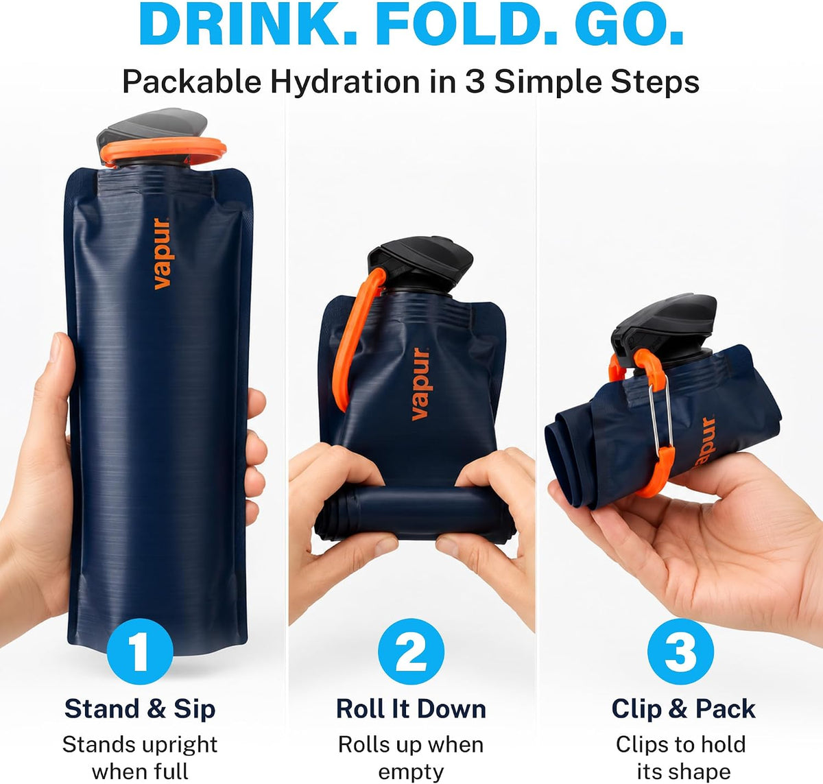 Vapur Collapsible Water Bottle with Carabiner, 34oz (1L), Night Blue