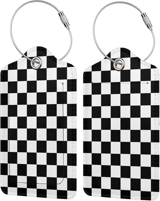 2 Pack Luggage Tags for Travel PU Leather Luggage Tag Name ID Labels with Privacy Cover for Suitcases Women Men Kids Girls (Black and White Grid)