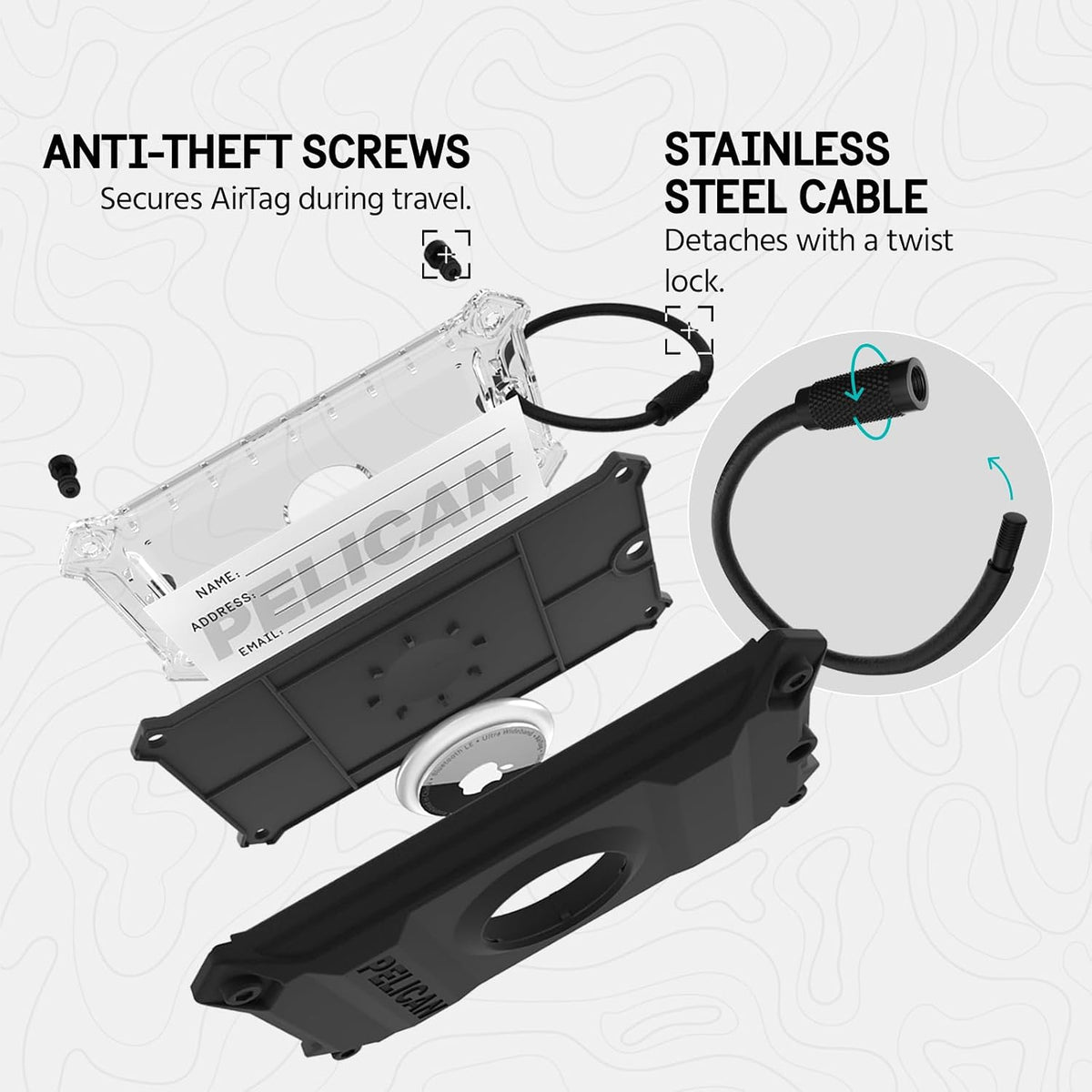 Pelican Luggage Tag with AirTag Holder with Stainless Steel Loop - Black