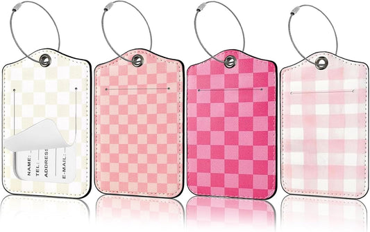 YIXIN 4 Pack Luggage Travel Tags Cute Checkered PU Leather with Privacy Name Address Labels & Durable Steel Loop for Men Women Long Flight Must Haves Travels Gift Airport Essentials