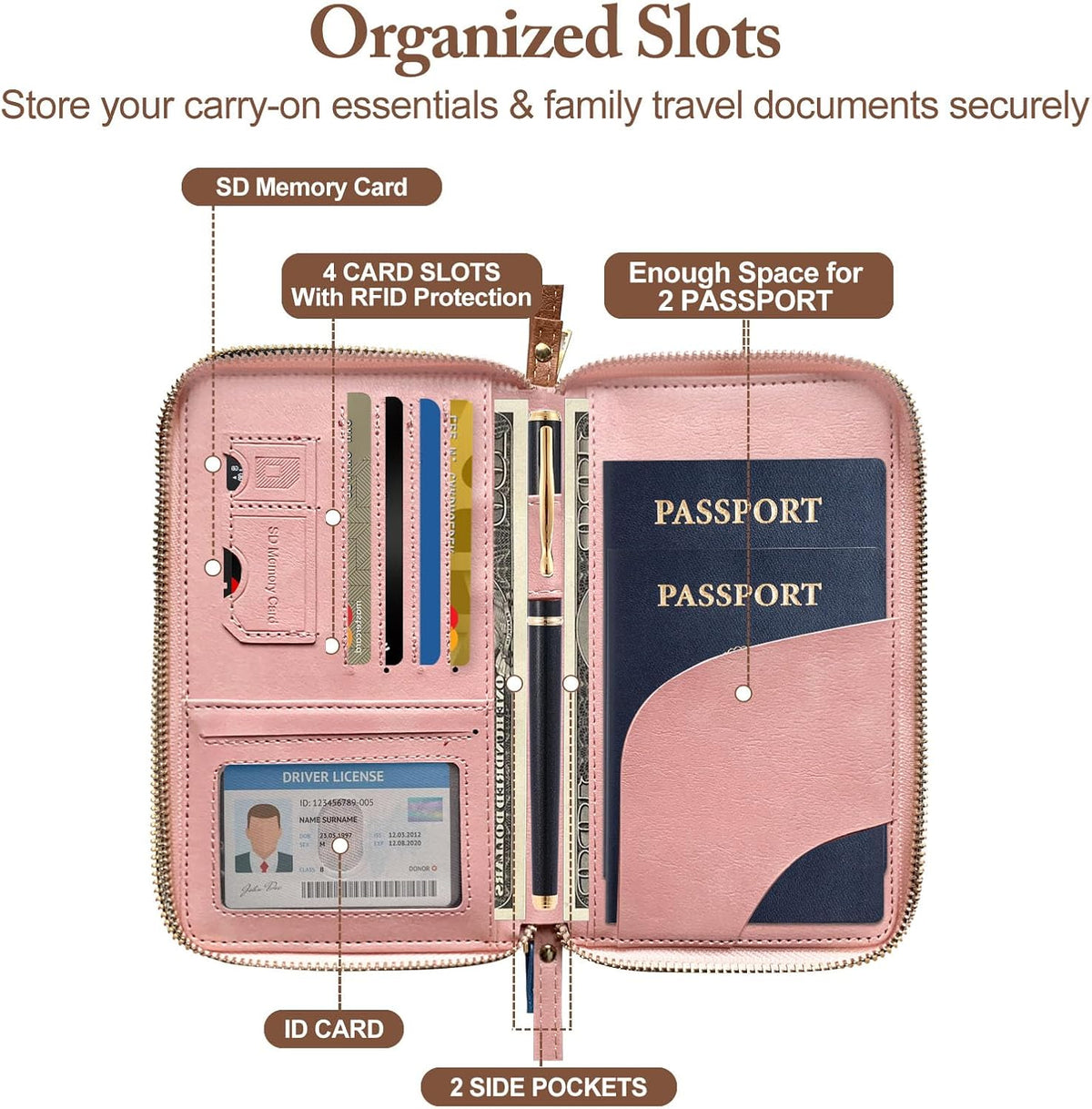 Family Passport Holder for Travel Women and Men RFID Passport Holder with Zipper Passport Case Passport cover Passport Wallet Travel Essentials and Accessories(1-2,Pink)
