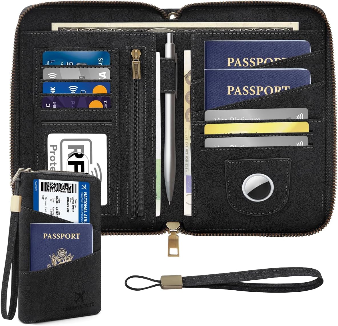 Family Passport Holder Wallet RFID Blocking Travel Document Holder Black