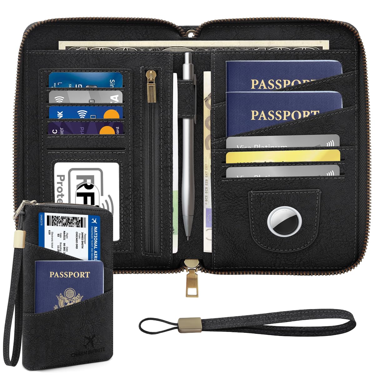 Family Passport Holder Wallet RFID Blocking Travel Document Holder Black