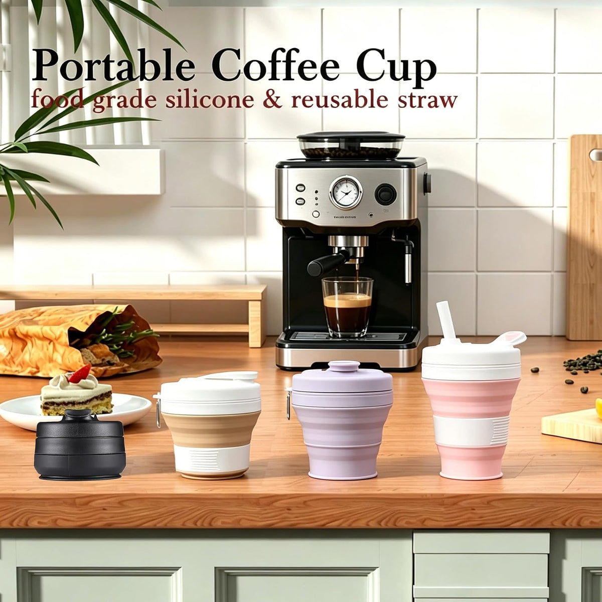 IYYI Collapsible Travel Cup, Silicone Coffee Cup with Lid, 20.3 oz Travel Coffee Mug with Straw, Folding Cup for Hiking Camping Office - Dishwasher Safe (Khaki)