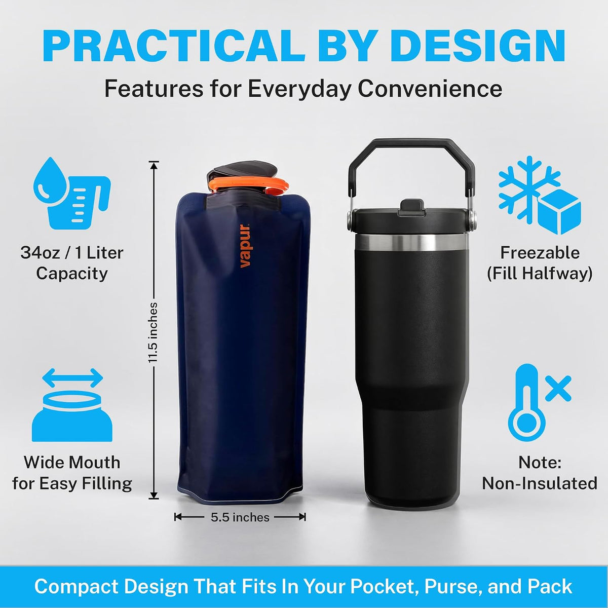Vapur Collapsible Water Bottle with Carabiner, 34oz (1L), Night Blue