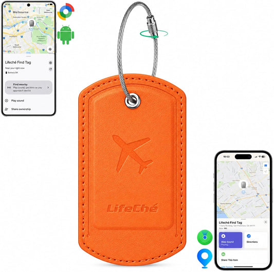 Luggage Tag Built-in Tracker Premium PU Leather Suitcase Tag (Dark Orange)