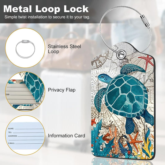 2Pack Luggage Tags for Suitcases, Cute Unique Pu Leather Cruise Luggage Tag with Privacy Cover ID Label Address Card and Metal Ring Suitable for Women Men Kids Travel Bag Retro Map Turtle